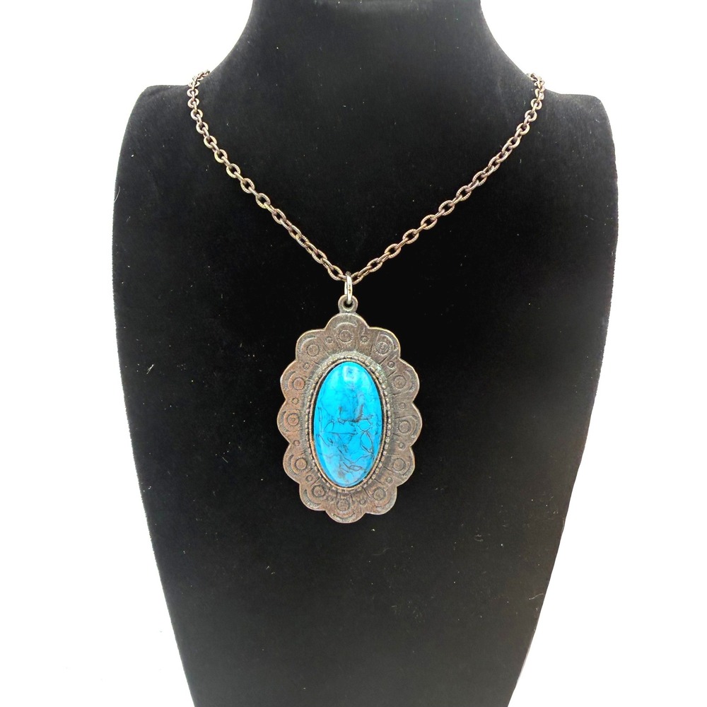 Necklace Womens Faux Turquoise Pendant Blue Boho Bronze